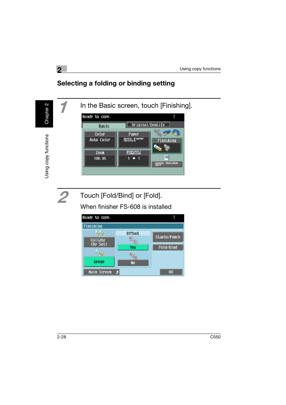 Selecting a folding or binding setting, Selecting a folding or binding setting -28 | Konica Minolta C550 User Manual | Page 71 / 164