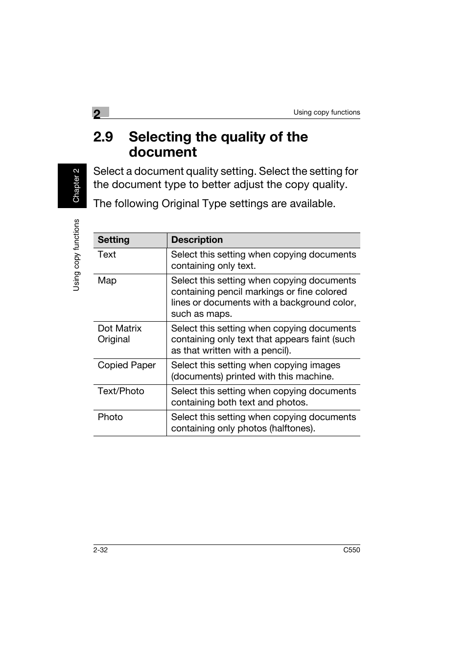9 selecting the quality of the document, 9 selecting the quality of the, Document -32 | Konica Minolta C550 User Manual | Page 75 / 164