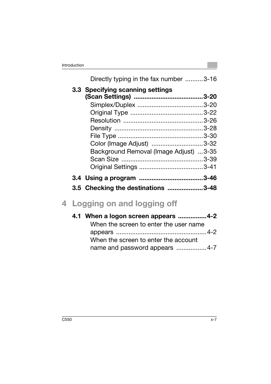 4 logging on and logging off | Konica Minolta C550 User Manual | Page 8 / 164