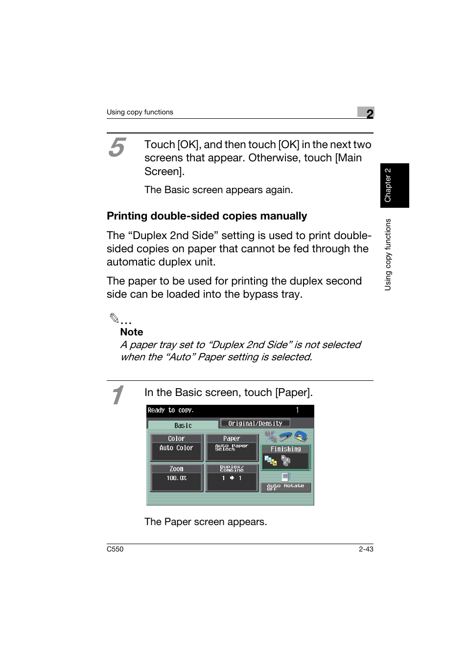 Printing double-sided copies manually, Printing double-sided copies manually -43 | Konica Minolta C550 User Manual | Page 86 / 164