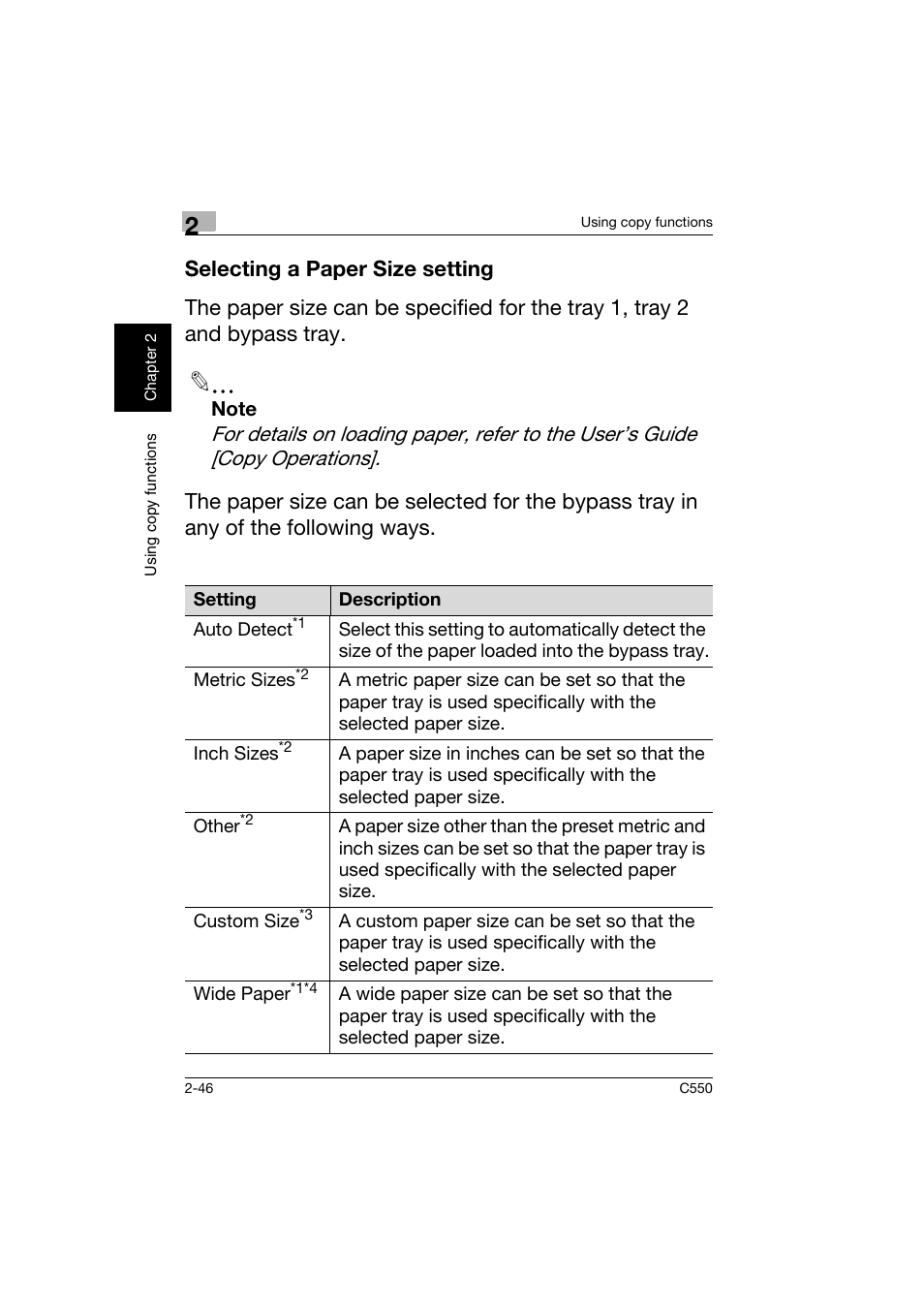 Selecting a paper size setting, Selecting a paper size setting -46 | Konica Minolta C550 User Manual | Page 89 / 164