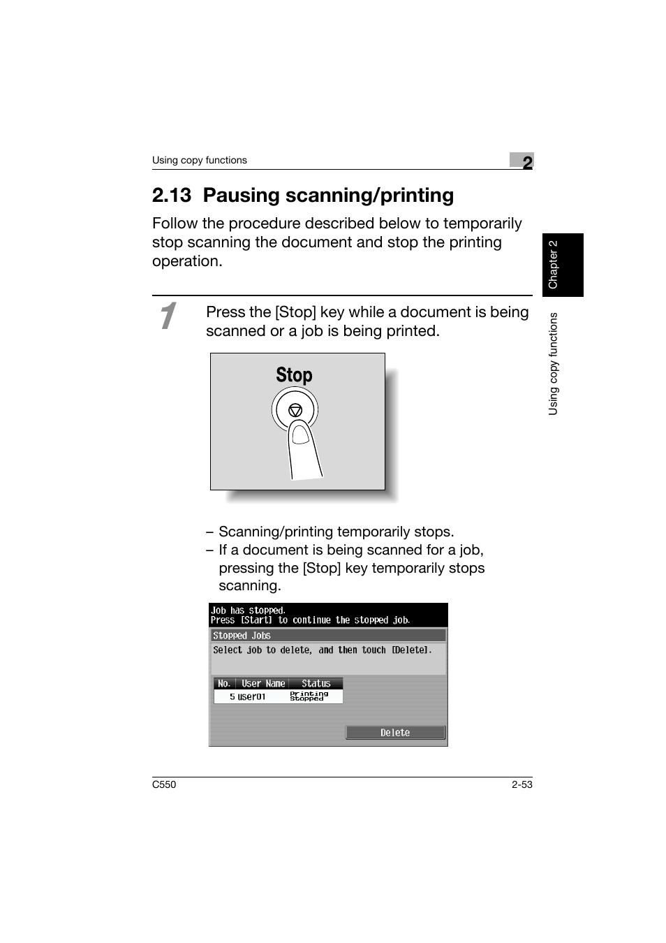13 pausing scanning/printing, 13pausing scanning/printing -53 | Konica Minolta C550 User Manual | Page 96 / 164