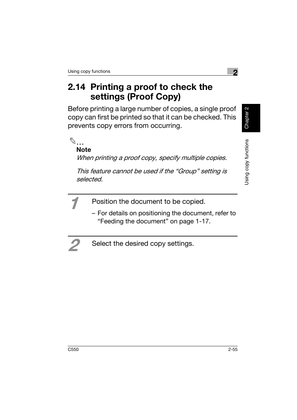 14printing a proof to check the settings, Proof copy) -55 | Konica Minolta C550 User Manual | Page 98 / 164