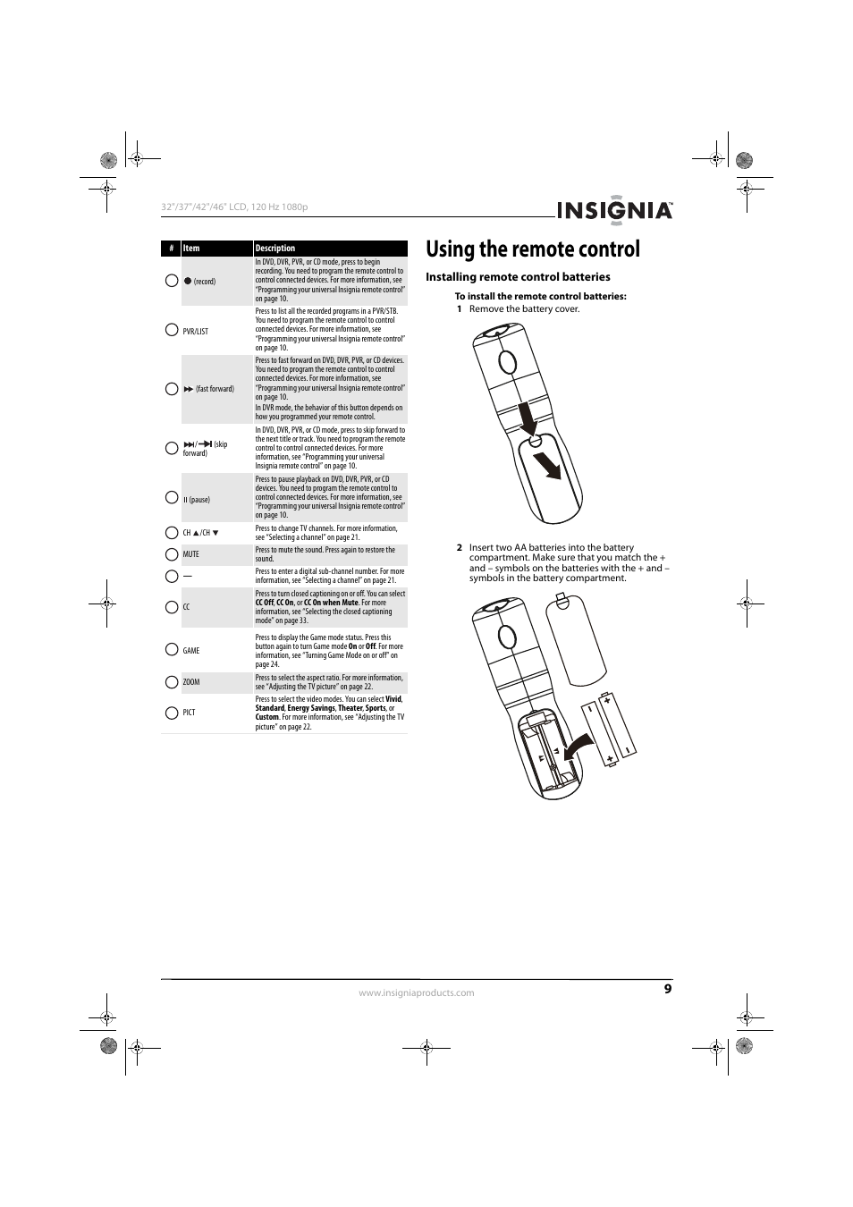Using the remote control, Installing remote control batteries | Konica Minolta NS-42L550A11 User Manual | Page 13 / 65