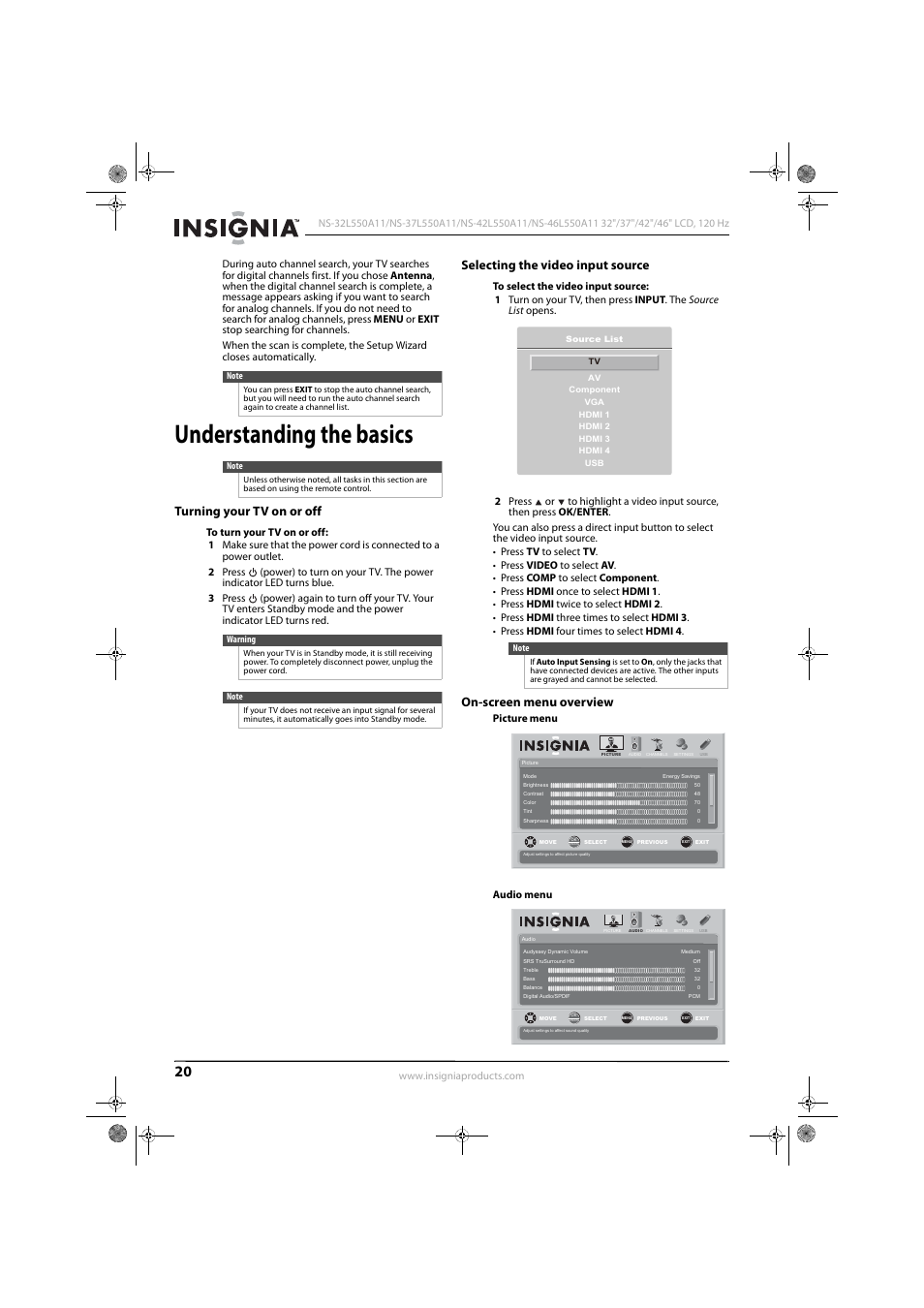 Understanding the basics, Turning your tv on or off, Selecting the video input source | On-screen menu overview, E “selecting the video input source, Ion, see “selecting the video input source, Picture menu audio menu | Konica Minolta NS-42L550A11 User Manual | Page 24 / 65