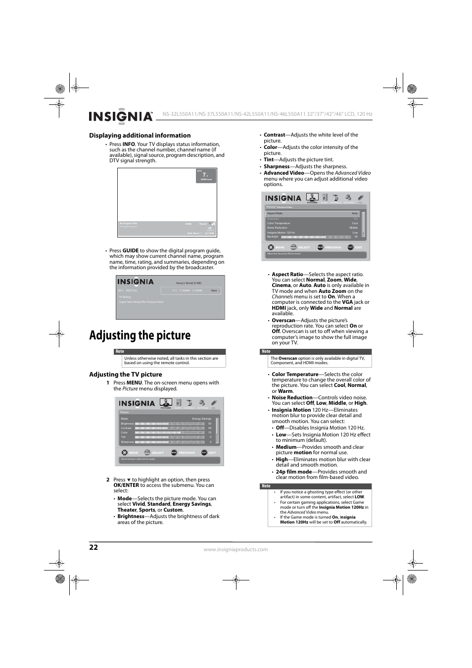 Displaying additional information, Adjusting the picture, Adjusting the tv picture | Konica Minolta NS-42L550A11 User Manual | Page 26 / 65