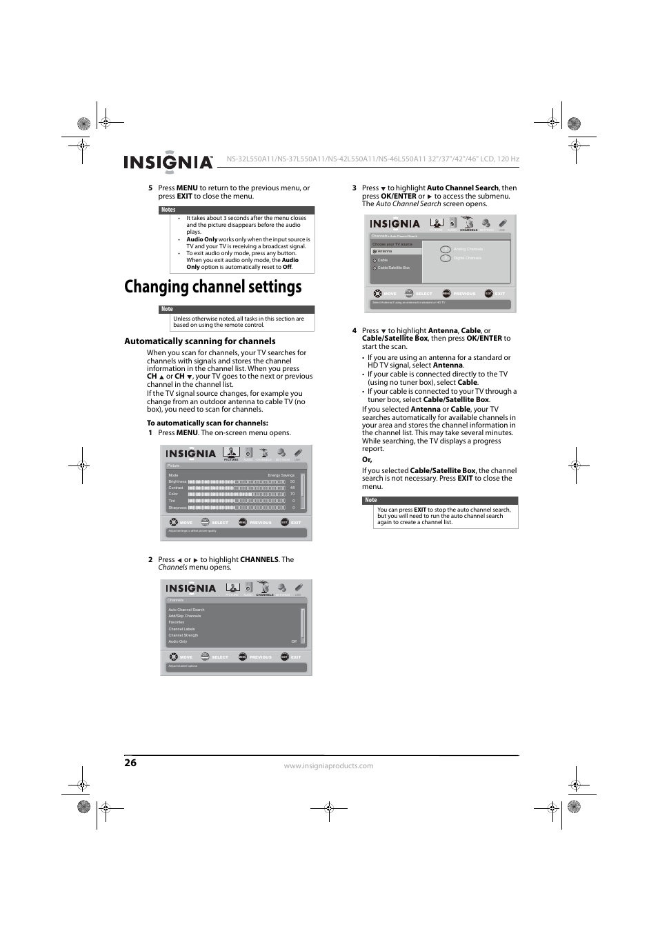 Changing channel settings, Automatically scanning for channels | Konica Minolta NS-42L550A11 User Manual | Page 30 / 65