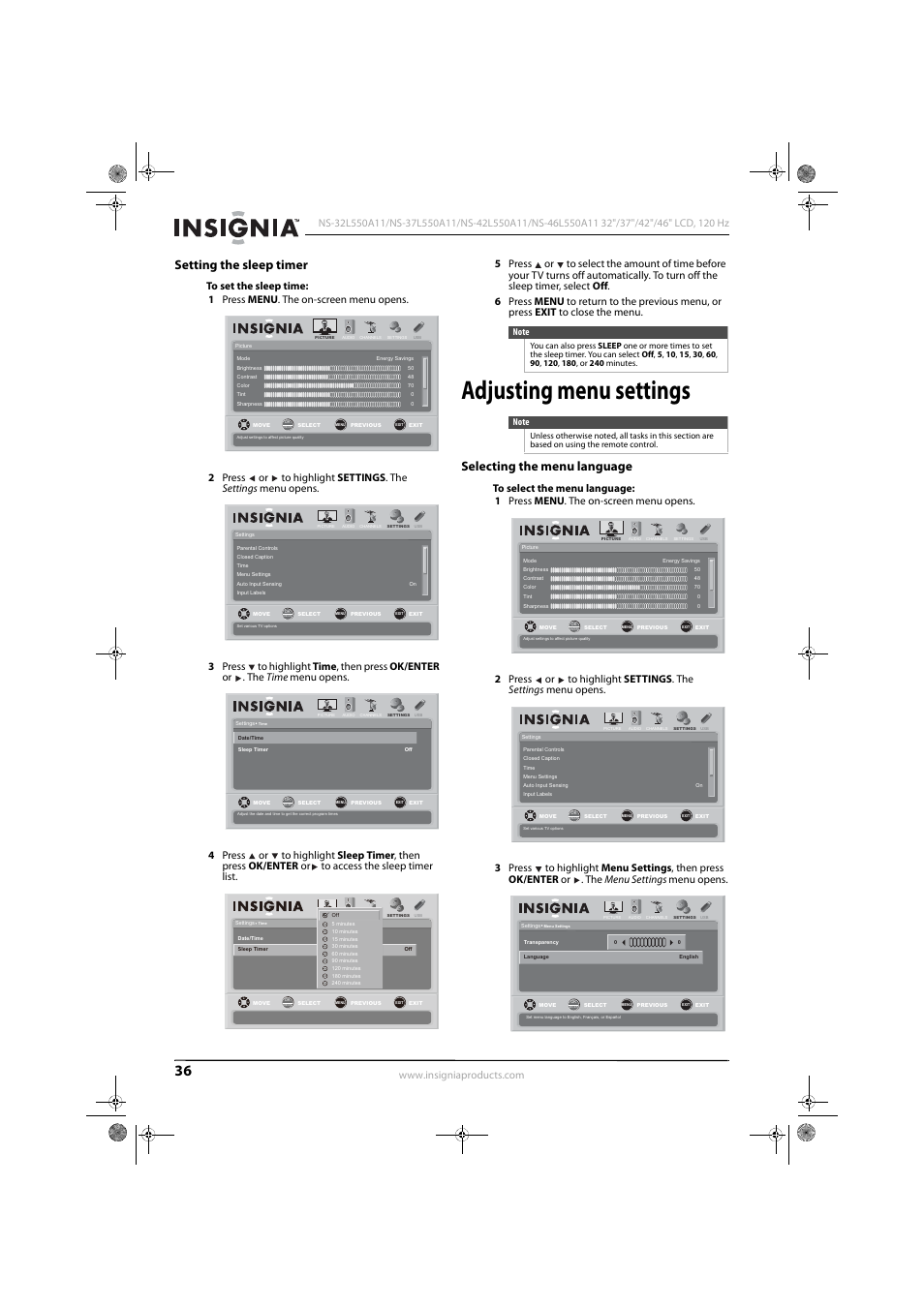 Setting the sleep timer, Adjusting menu settings, Selecting the menu language | Konica Minolta NS-42L550A11 User Manual | Page 40 / 65