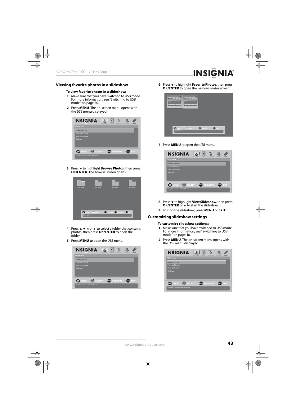 Viewing favorite photos in a slideshow, Customizing slideshow settings | Konica Minolta NS-42L550A11 User Manual | Page 47 / 65