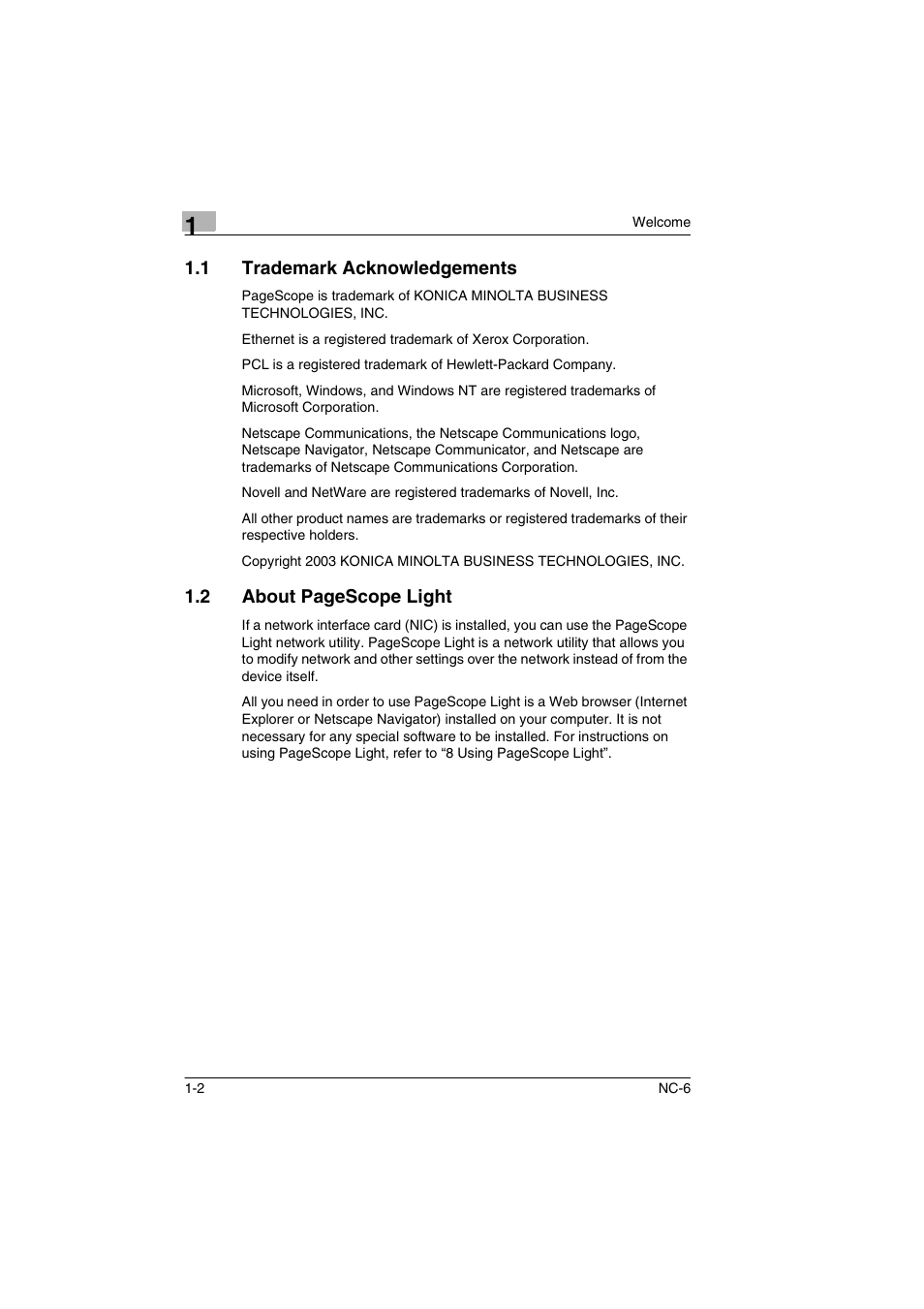 1 trademark acknowledgements, Trademark acknowledgements -2 | Konica Minolta NC-6 User Manual | Page 7 / 50