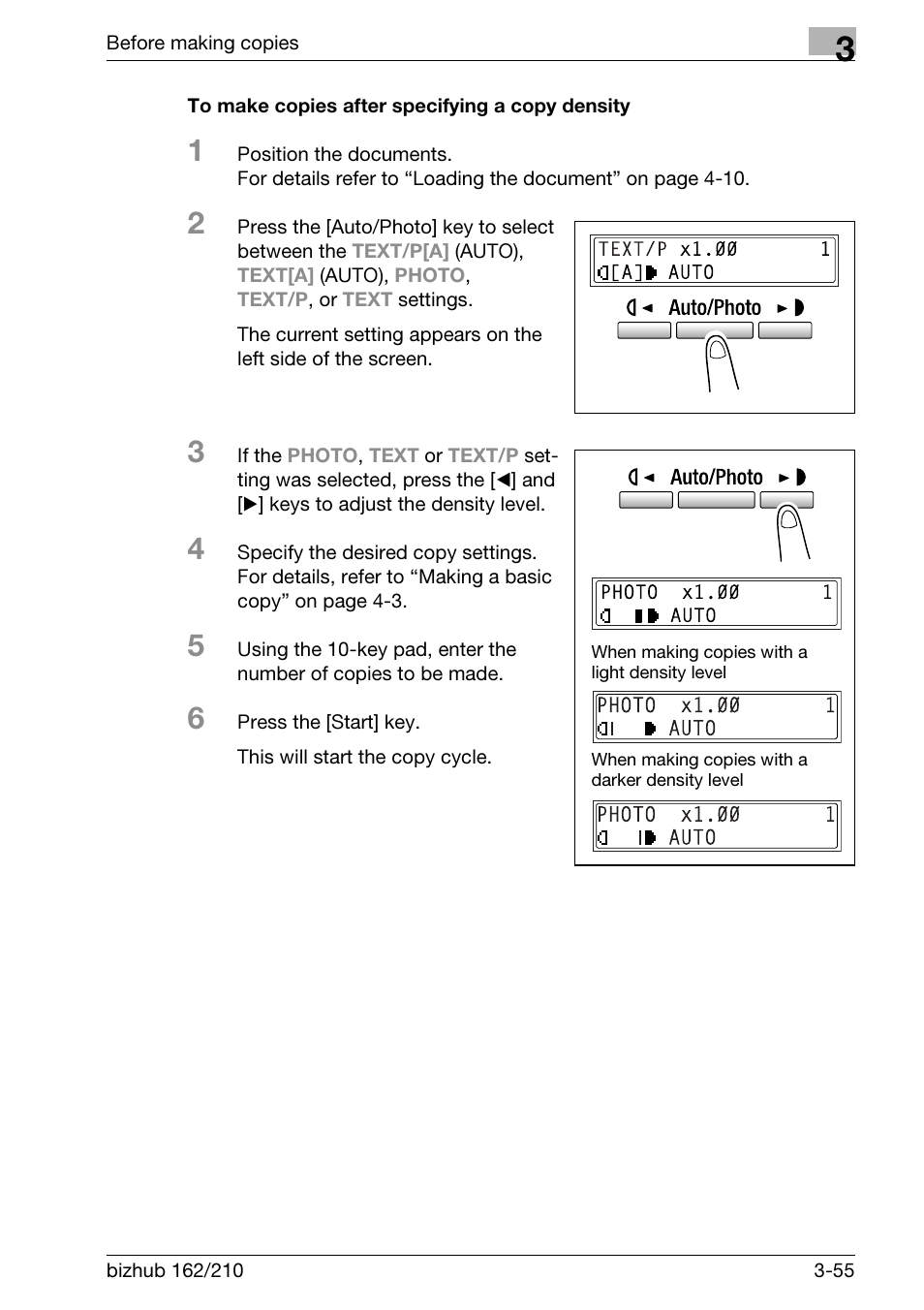 To make copies after specifying a copy density, To make copies after specifying a copy density -55 | Konica Minolta BIZHUB 210 User Manual | Page 101 / 256