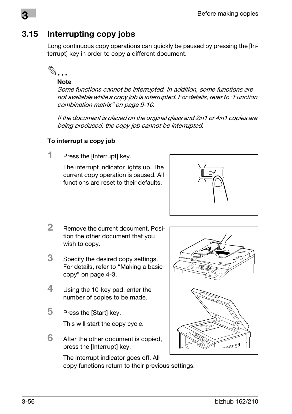 15 interrupting copy jobs, To interrupt a copy job, Interrupting copy jobs -56 | To interrupt a copy job -56, Red. (p. 3-56 | Konica Minolta BIZHUB 210 User Manual | Page 102 / 256
