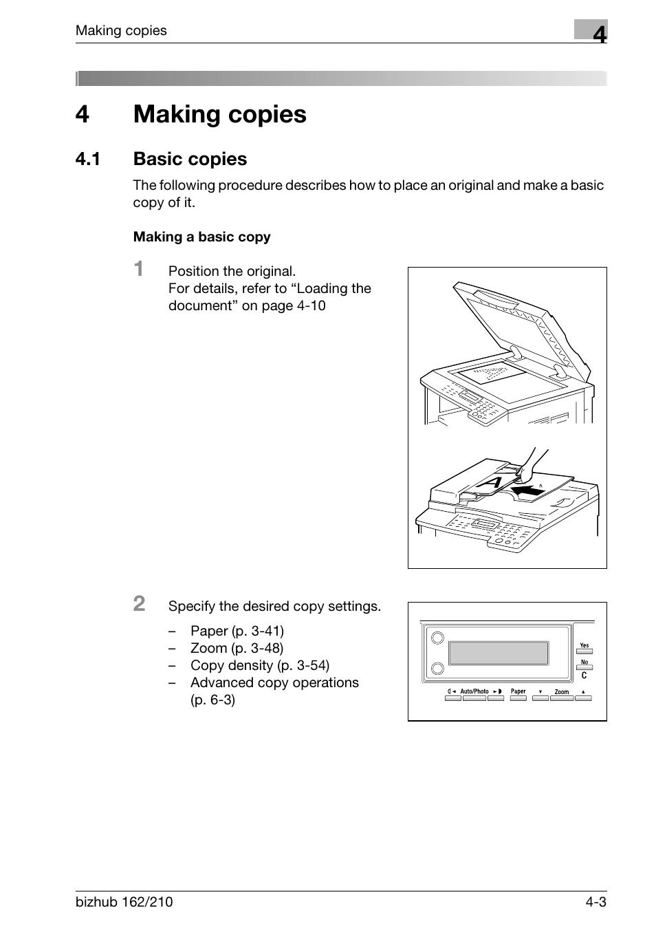 4 making copies, 1 basic copies, Making a basic copy | Making copies, Basic copies -3, Making a basic copy -3, 4making copies | Konica Minolta BIZHUB 210 User Manual | Page 107 / 256