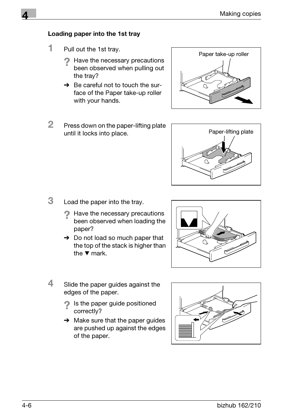 Loading paper into the 1st tray, Loading paper into the 1st tray -6 | Konica Minolta BIZHUB 210 User Manual | Page 110 / 256