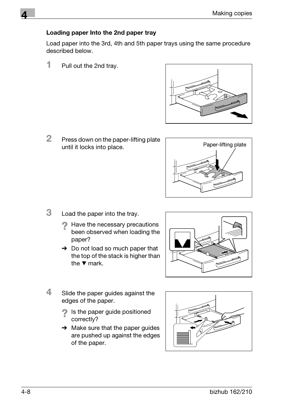 Loading paper into the 2nd paper tray, Loading paper into the 2nd paper tray -8 | Konica Minolta BIZHUB 210 User Manual | Page 112 / 256