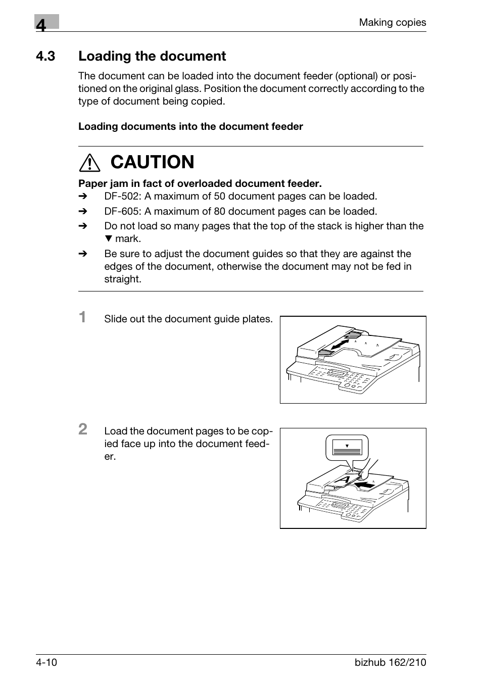 3 loading the document, Loading documents into the document feeder, Loading the document -10 | Loading documents into the document feeder -10, 7 caution | Konica Minolta BIZHUB 210 User Manual | Page 114 / 256