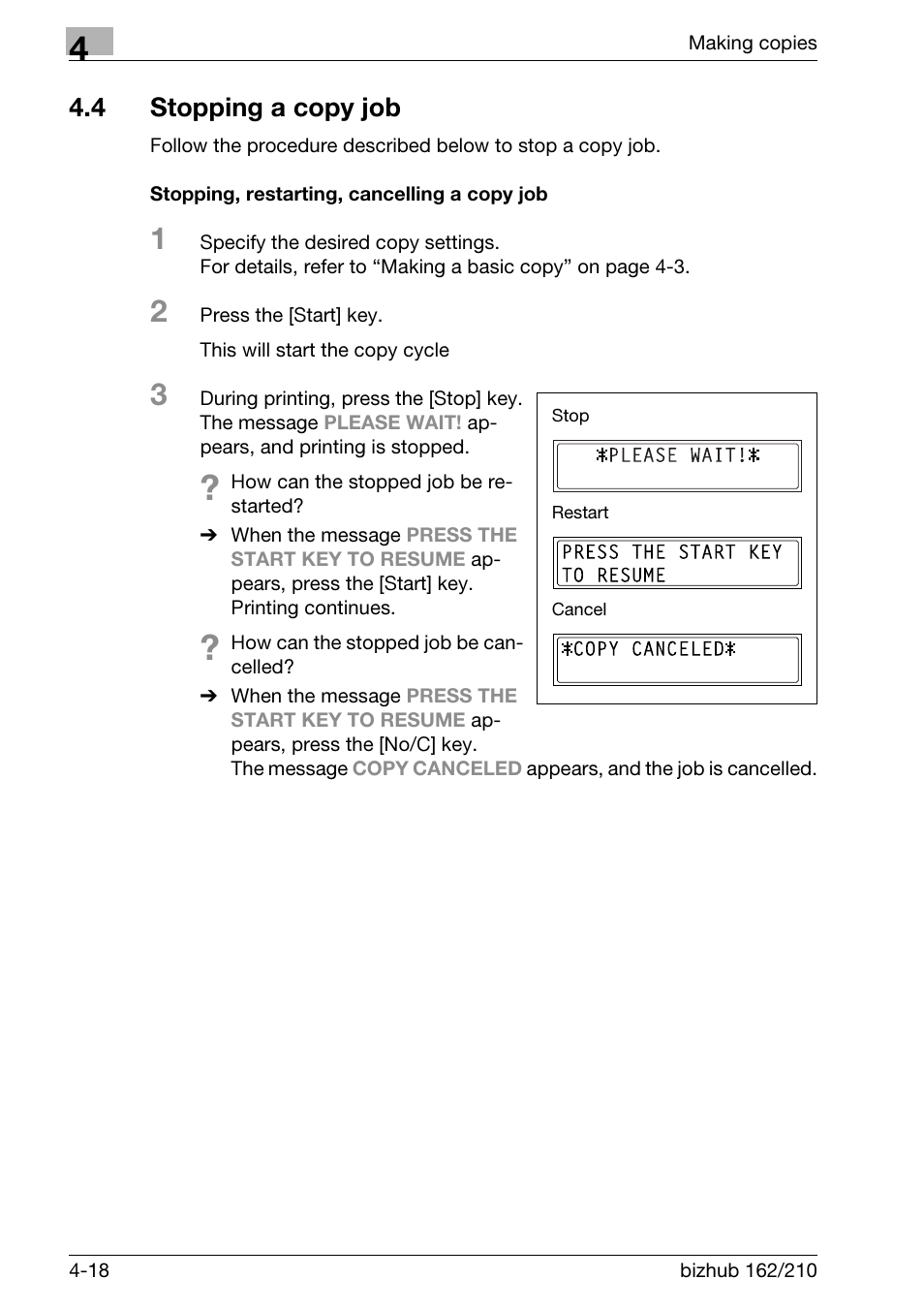 4 stopping a copy job, Stopping, restarting, cancelling a copy job, Stopping a copy job -18 | Stopping, restarting, cancelling a copy job -18 | Konica Minolta BIZHUB 210 User Manual | Page 122 / 256