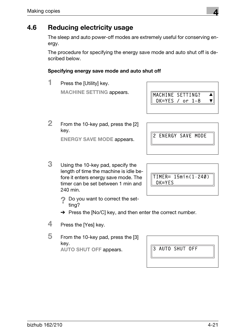 6 reducing electricity usage, Specifying energy save mode and auto shut off, Reducing electricity usage -21 | Specifying energy save mode and auto shut off -21 | Konica Minolta BIZHUB 210 User Manual | Page 125 / 256
