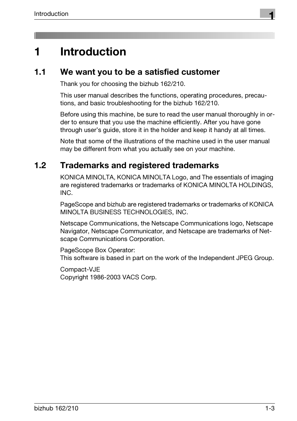 1 introduction, 1 we want you to be a satisfied customer, 2 trademarks and registered trademarks | Introduction, We want you to be a satisfied customer -3, Trademarks and registered trademarks -3, 1introduction | Konica Minolta BIZHUB 210 User Manual | Page 15 / 256