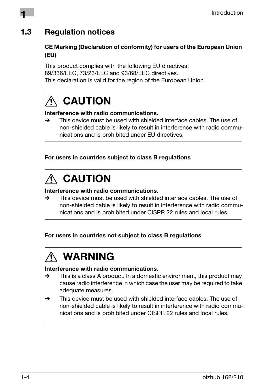 3 regulation notices, Regulation notices -4, 7 caution | 7 warning | Konica Minolta BIZHUB 210 User Manual | Page 16 / 256