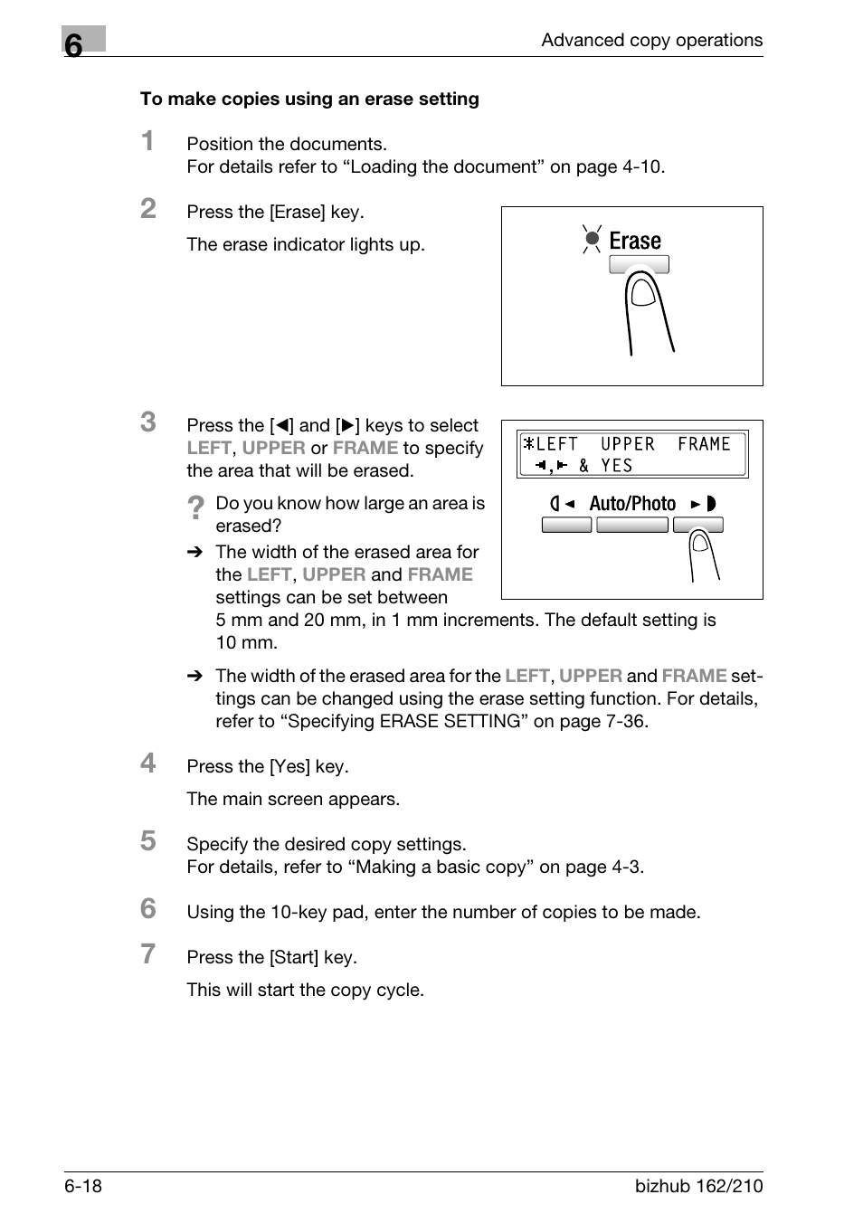 To make copies using an erase setting, To make copies using an erase setting -18 | Konica Minolta BIZHUB 210 User Manual | Page 162 / 256