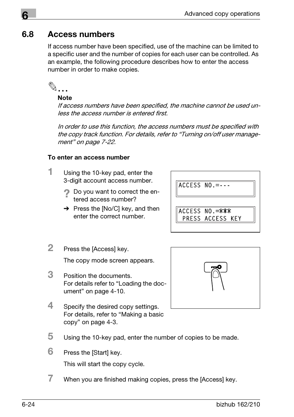 8 access numbers, To enter an access number, Access numbers -24 | To enter an access number -24, P. 6-24) | Konica Minolta BIZHUB 210 User Manual | Page 168 / 256