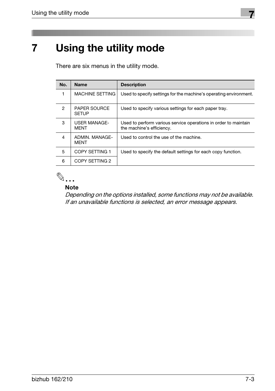 7 using the utility mode, Using the utility mode, 7using the utility mode | Konica Minolta BIZHUB 210 User Manual | Page 171 / 256
