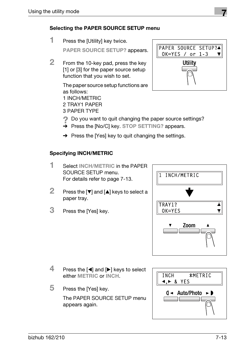 Selecting the paper source setup menu, Specifying inch/metric | Konica Minolta BIZHUB 210 User Manual | Page 181 / 256