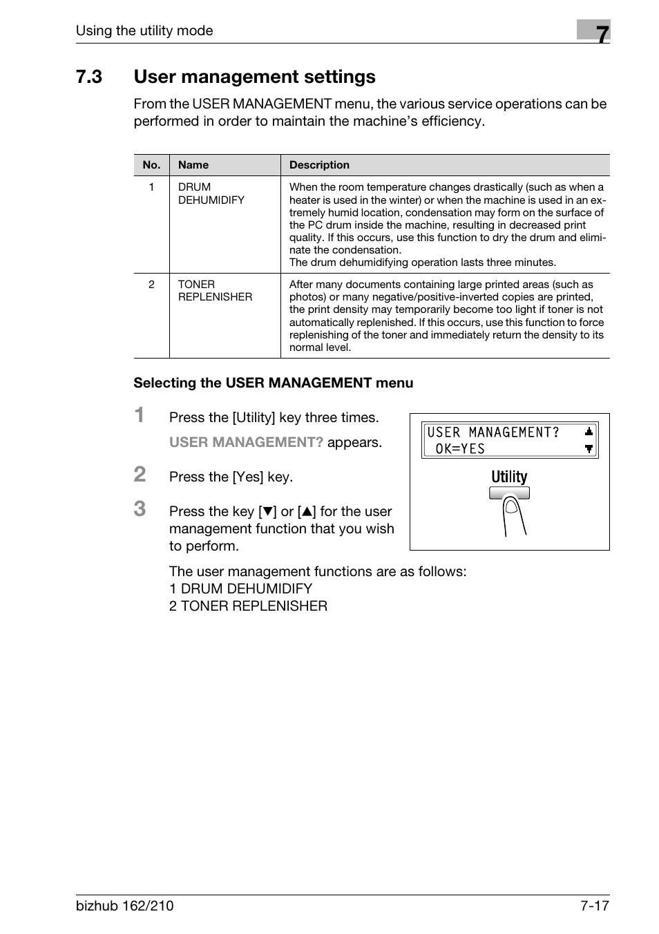 3 user management settings, Selecting the user management menu, User management settings -17 | Selecting the user management menu -17 | Konica Minolta BIZHUB 210 User Manual | Page 185 / 256