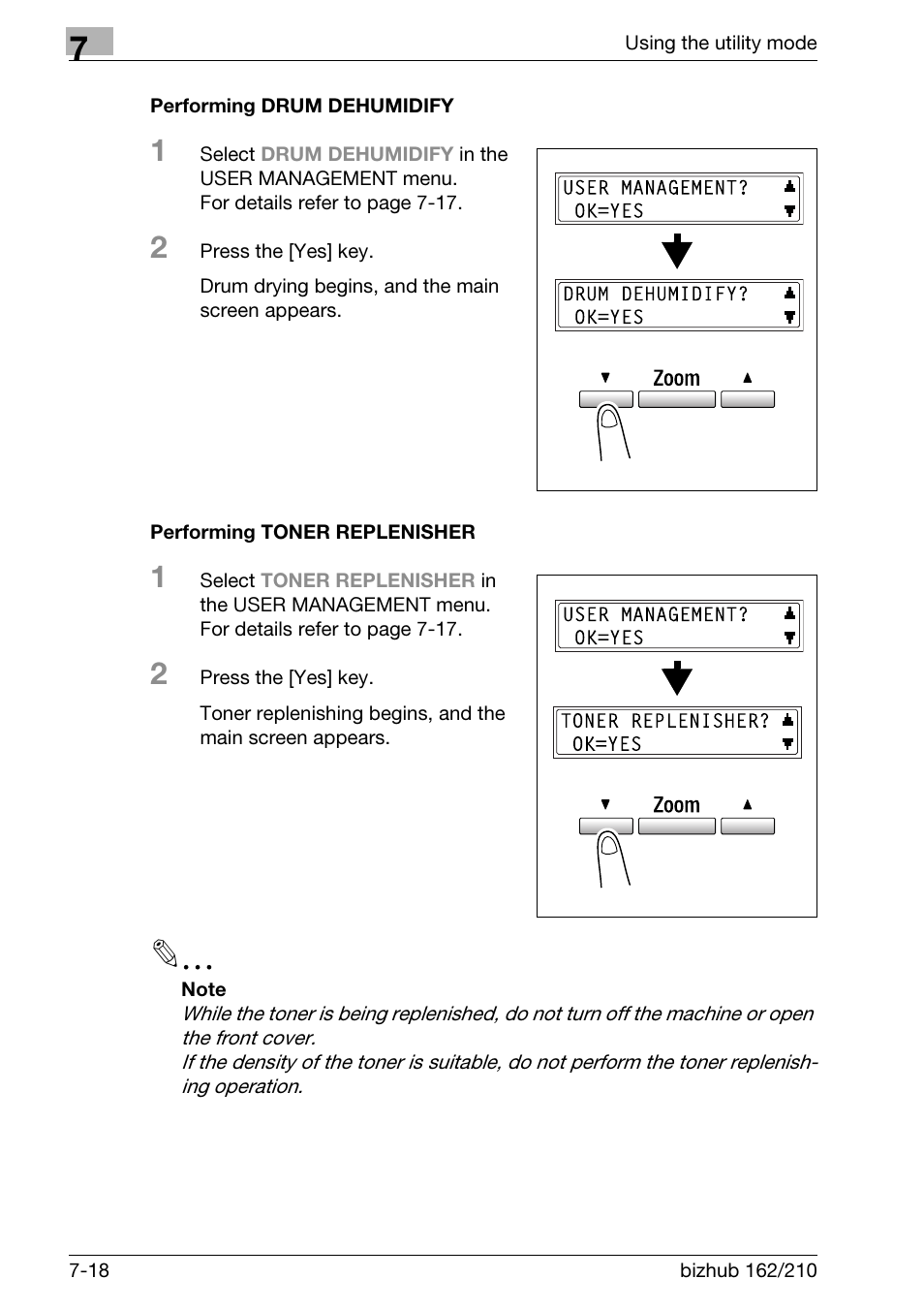Performing drum dehumidify, Performing toner replenisher | Konica Minolta BIZHUB 210 User Manual | Page 186 / 256