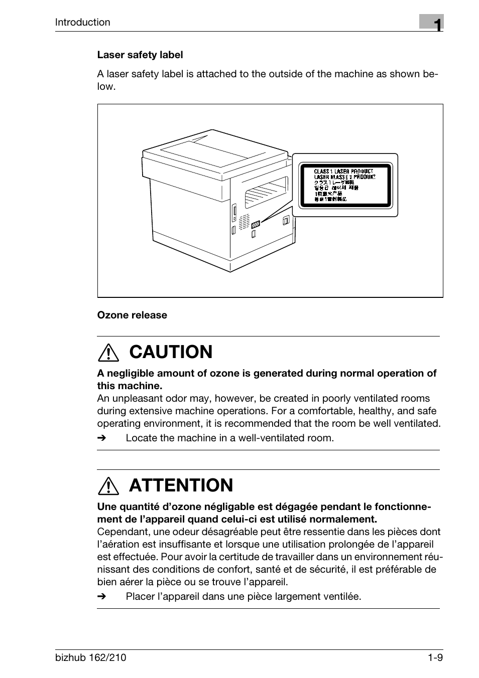 Laser safety label, Ozone release, Laser safety label -9 ozone release -9 | 7 caution, 7 attention | Konica Minolta BIZHUB 210 User Manual | Page 21 / 256