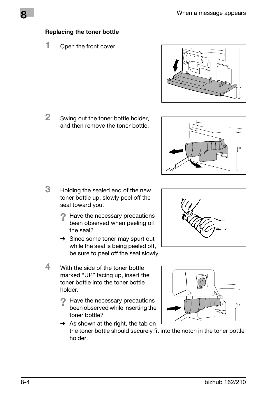 Replacing the toner bottle, Replacing the toner bottle -4 | Konica Minolta BIZHUB 210 User Manual | Page 214 / 256
