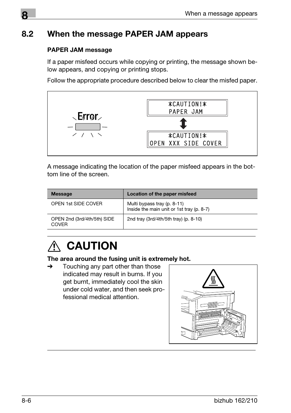 2 when the message paper jam appears, Paper jam message, When the message paper jam appears -6 | Paper jam message -6, 7 caution | Konica Minolta BIZHUB 210 User Manual | Page 216 / 256