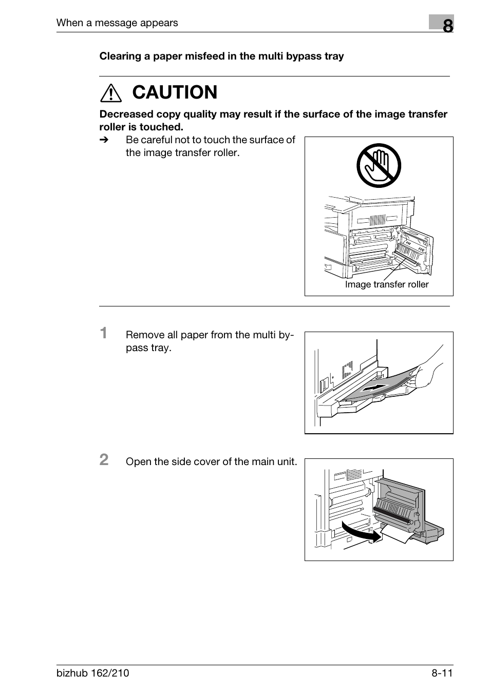 Clearing a paper misfeed in the multi bypass tray, 7 caution | Konica Minolta BIZHUB 210 User Manual | Page 221 / 256