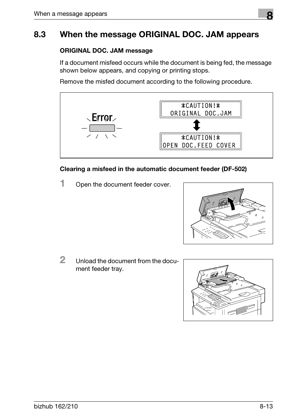 3 when the message original doc. jam appears, Original doc. jam message, When the message original doc. jam appears -13 | Konica Minolta BIZHUB 210 User Manual | Page 223 / 256