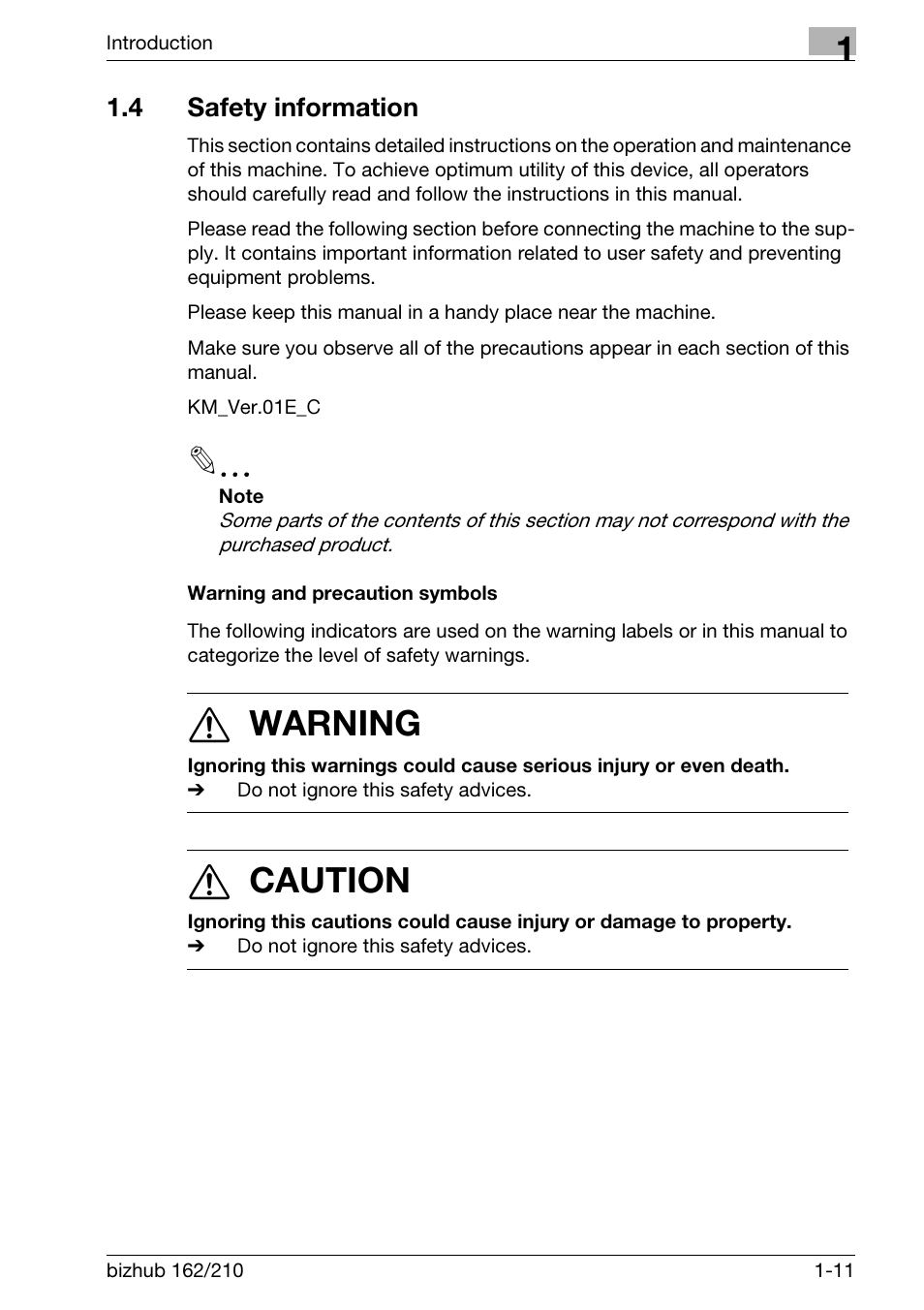 4 safety information, Warning and precaution symbols, Safety information -11 | Warning and precaution symbols -11, 7 warning, 7 caution | Konica Minolta BIZHUB 210 User Manual | Page 23 / 256