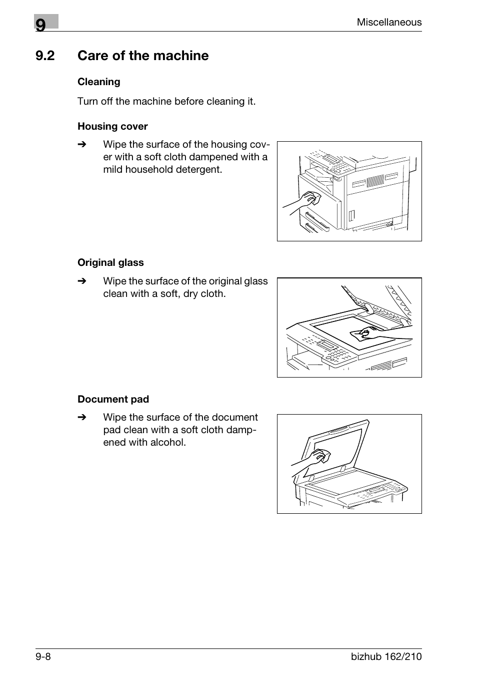 2 care of the machine, Cleaning, Housing cover | Original glass, Document pad, Care of the machine -8, P. 9-8) | Konica Minolta BIZHUB 210 User Manual | Page 242 / 256
