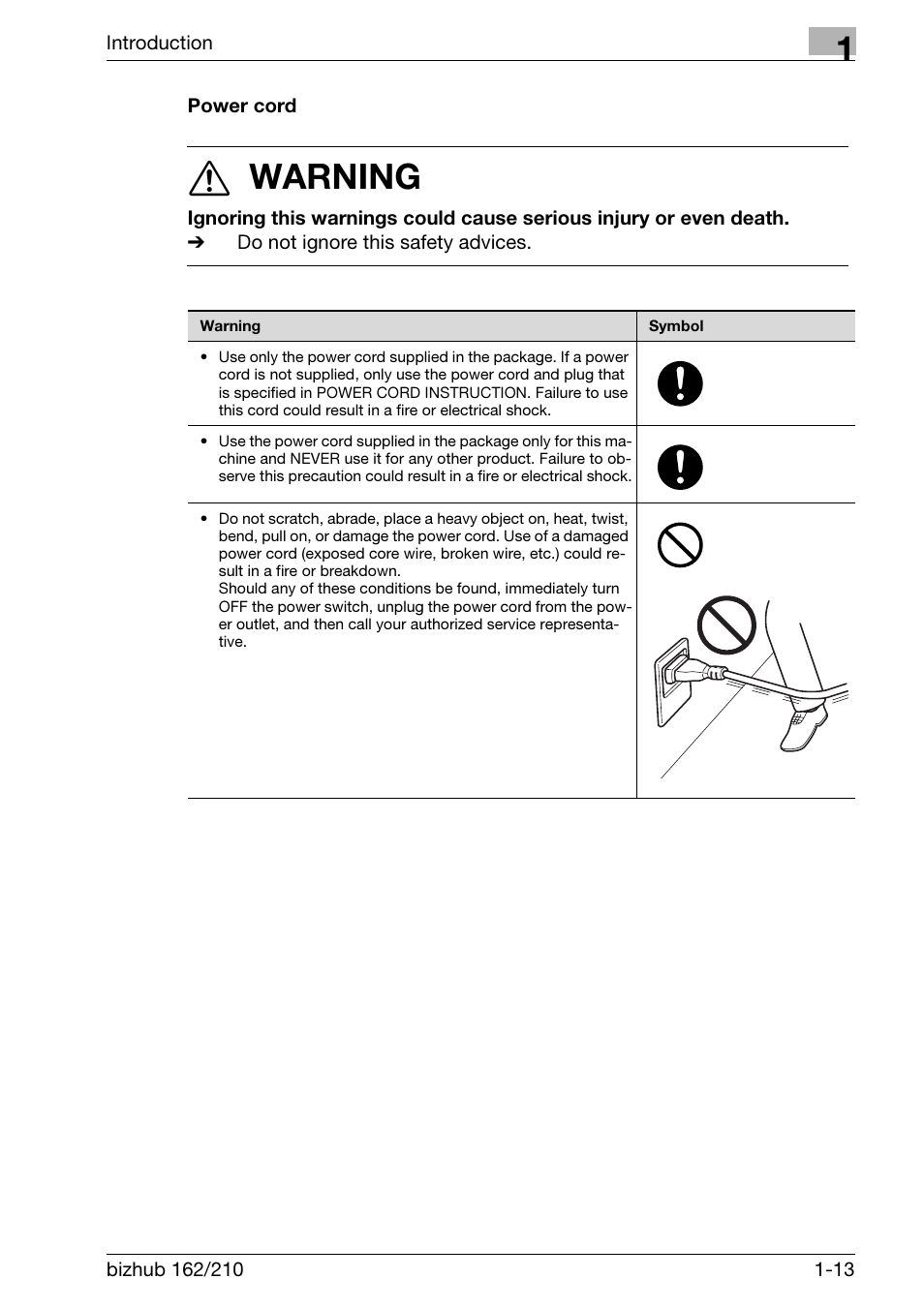 Power cord, Power cord -13, 7 warning | Konica Minolta BIZHUB 210 User Manual | Page 25 / 256