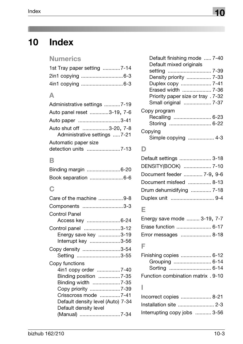 10 index, Numerics | Konica Minolta BIZHUB 210 User Manual | Page 253 / 256