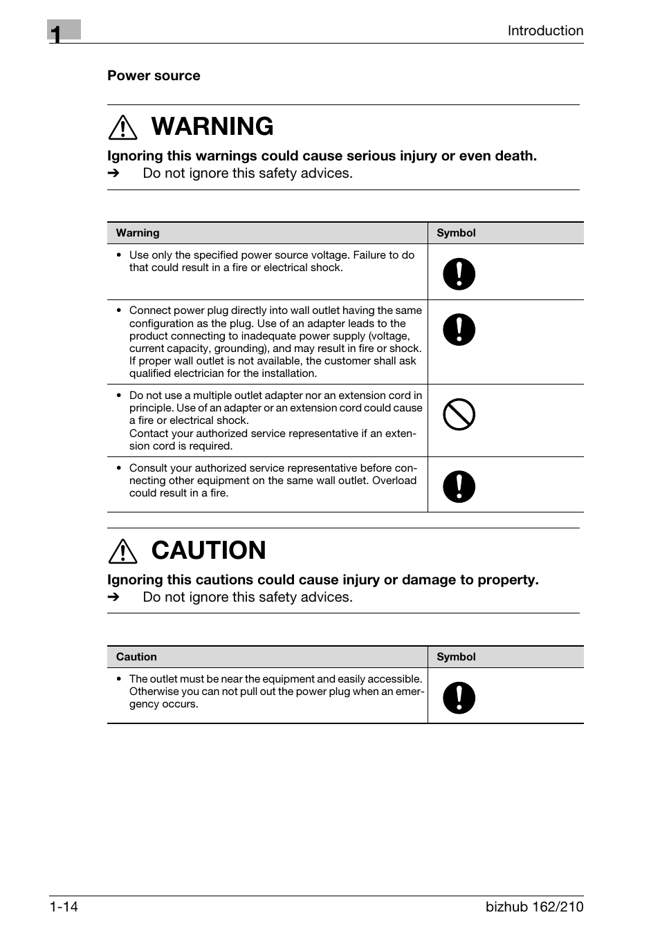 Power source, Power source -14, 7 warning | 7 caution | Konica Minolta BIZHUB 210 User Manual | Page 26 / 256
