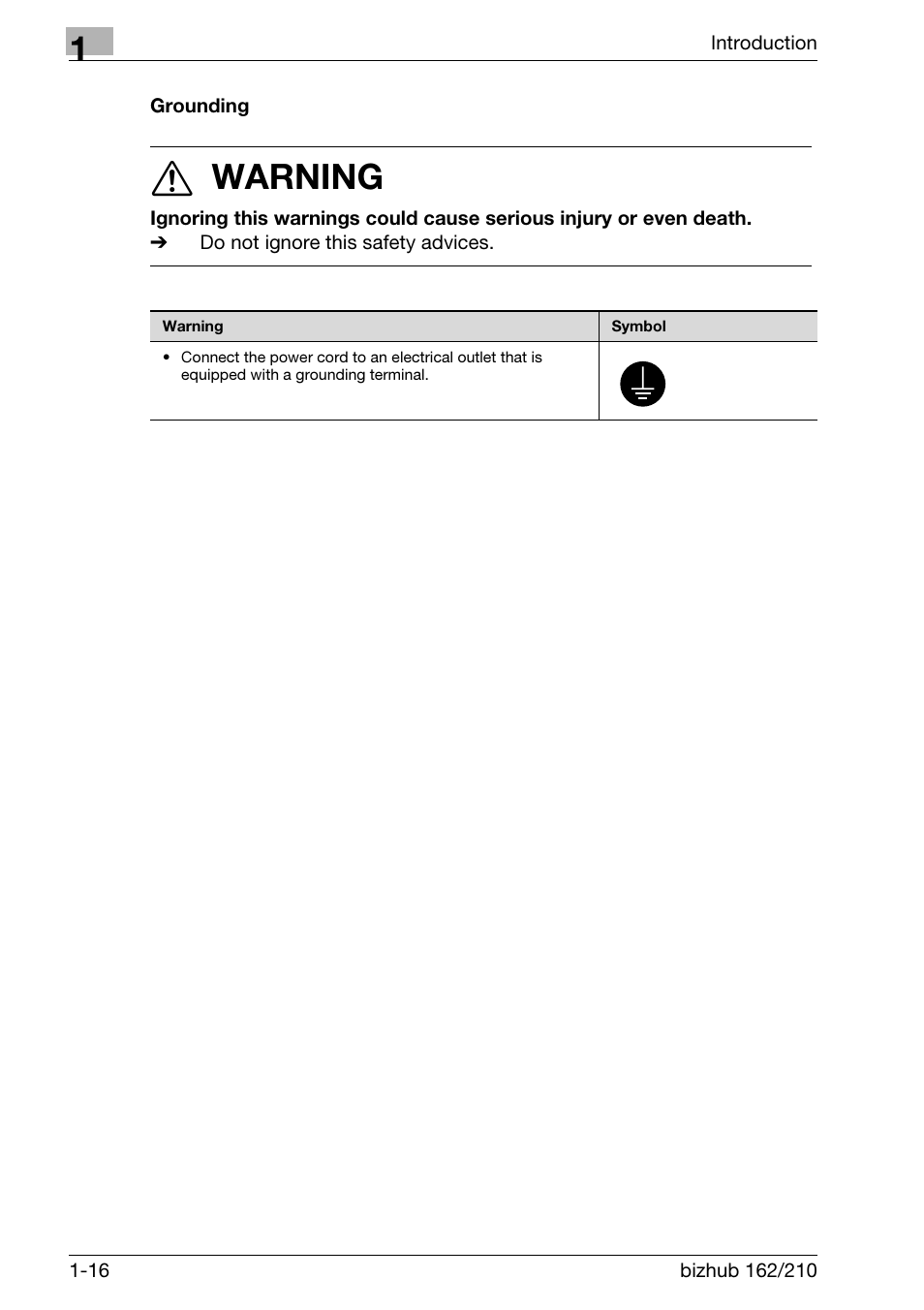 Grounding, Grounding -16, 7 warning | Konica Minolta BIZHUB 210 User Manual | Page 28 / 256