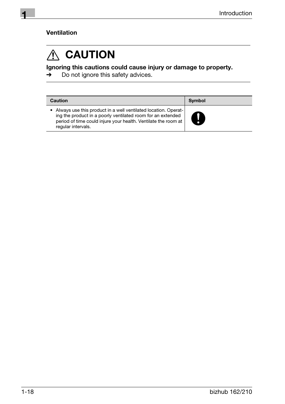 Ventilation, Ventilation -18, 7 caution | Konica Minolta BIZHUB 210 User Manual | Page 30 / 256