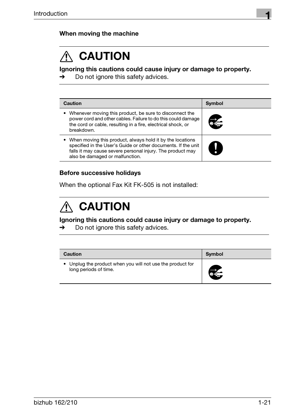 When moving the machine, Before successive holidays, 7 caution | Konica Minolta BIZHUB 210 User Manual | Page 33 / 256