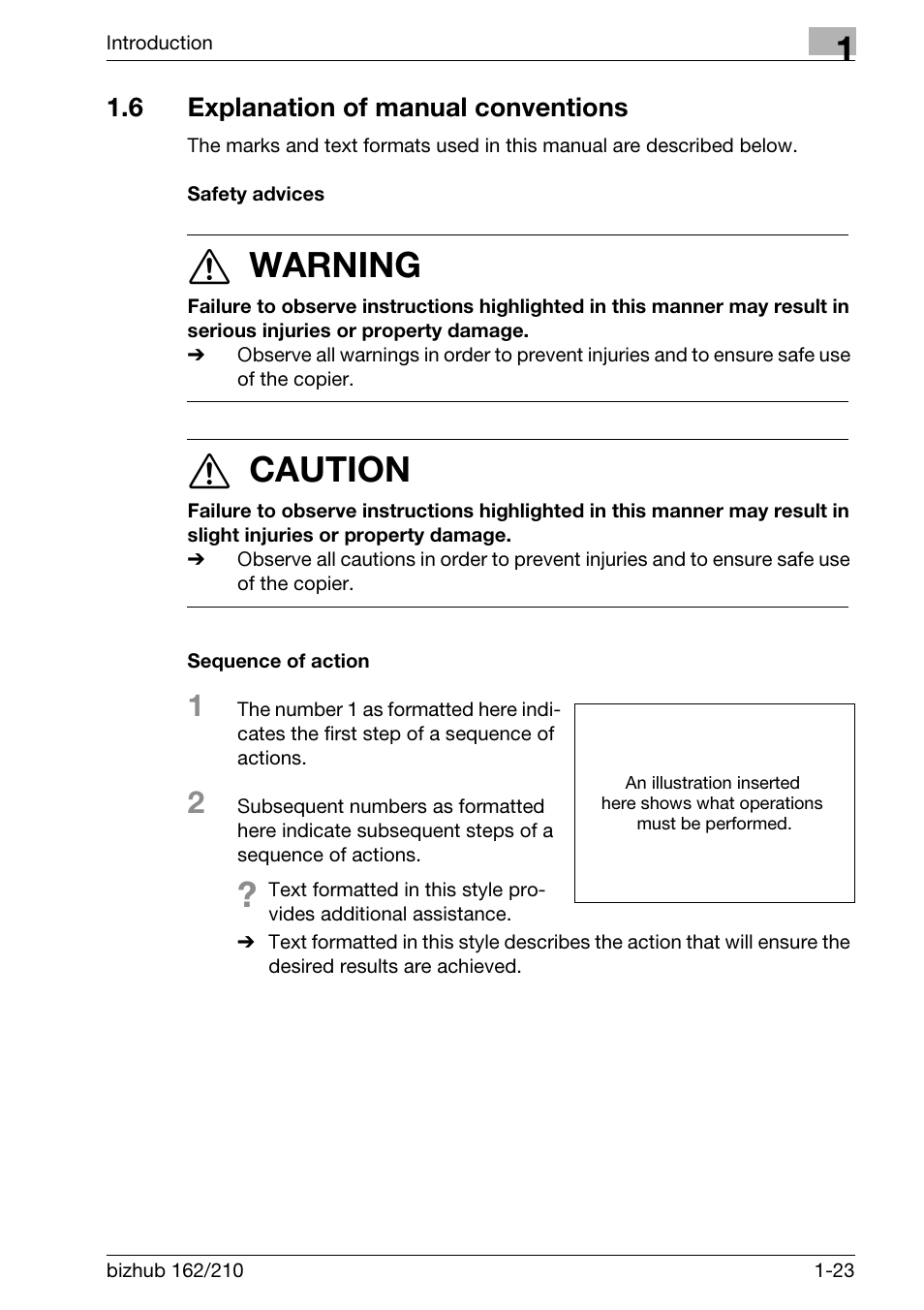 6 explanation of manual conventions, Safety advices, Sequence of action | Explanation of manual conventions -23, Safety advices -23 sequence of action -23, 7 warning, 7 caution | Konica Minolta BIZHUB 210 User Manual | Page 35 / 256