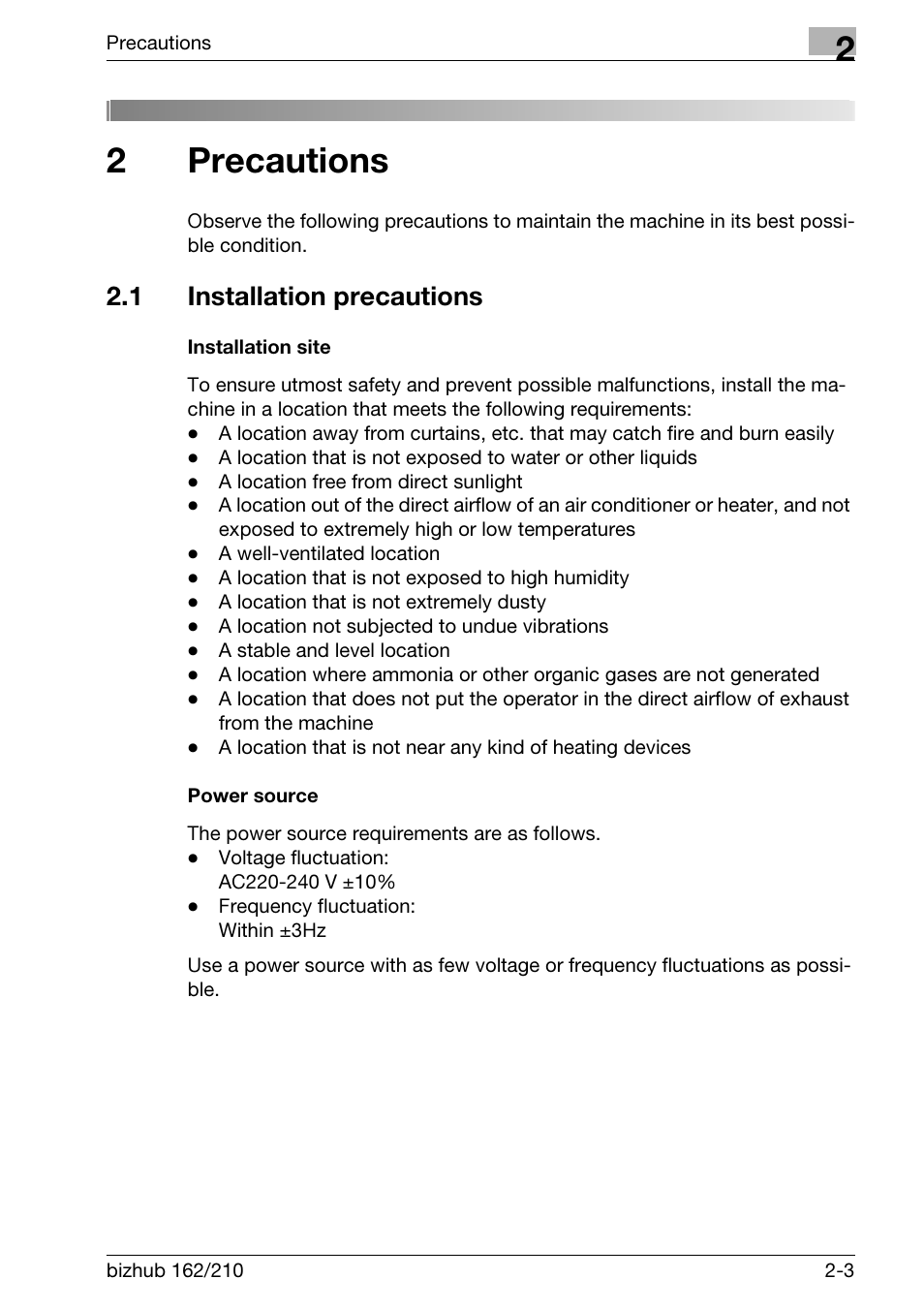 2 precautions, 1 installation precautions, Installation site | Power source, Precautions, Installation precautions -3, Installation site -3 power source -3, 2precautions | Konica Minolta BIZHUB 210 User Manual | Page 41 / 256