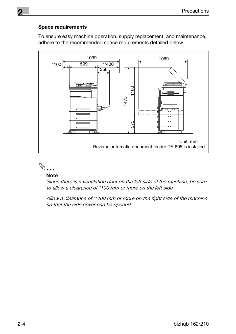 Space requirements, Space requirements -4 | Konica Minolta BIZHUB 210 User Manual | Page 42 / 256