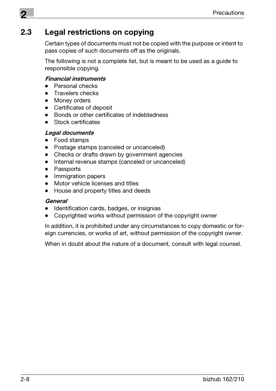 3 legal restrictions on copying, Legal restrictions on copying -8 | Konica Minolta BIZHUB 210 User Manual | Page 46 / 256