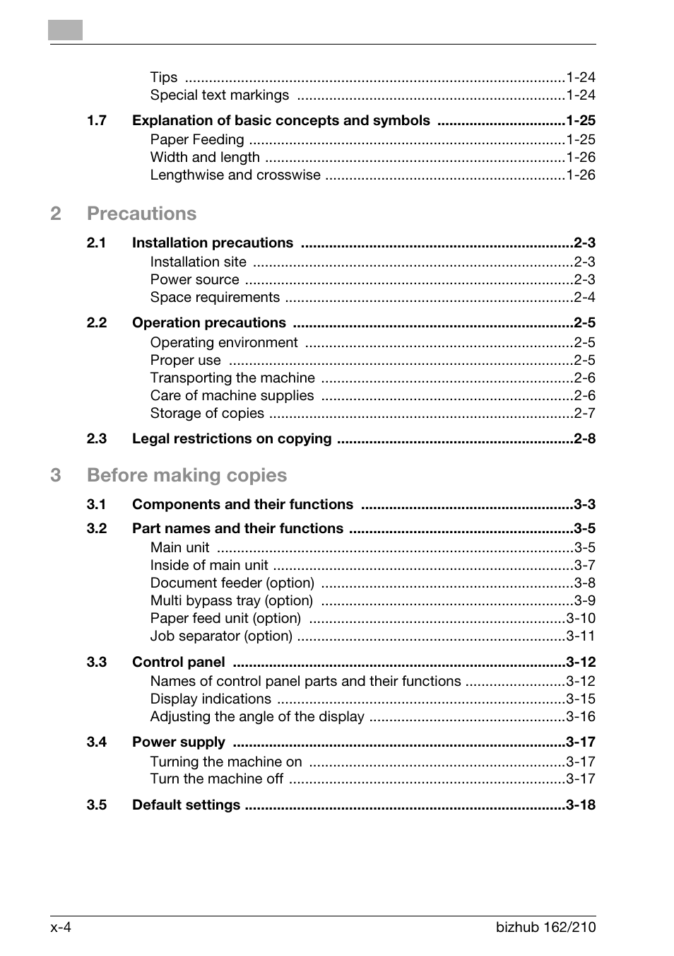 2precautions, 3before making copies | Konica Minolta BIZHUB 210 User Manual | Page 6 / 256