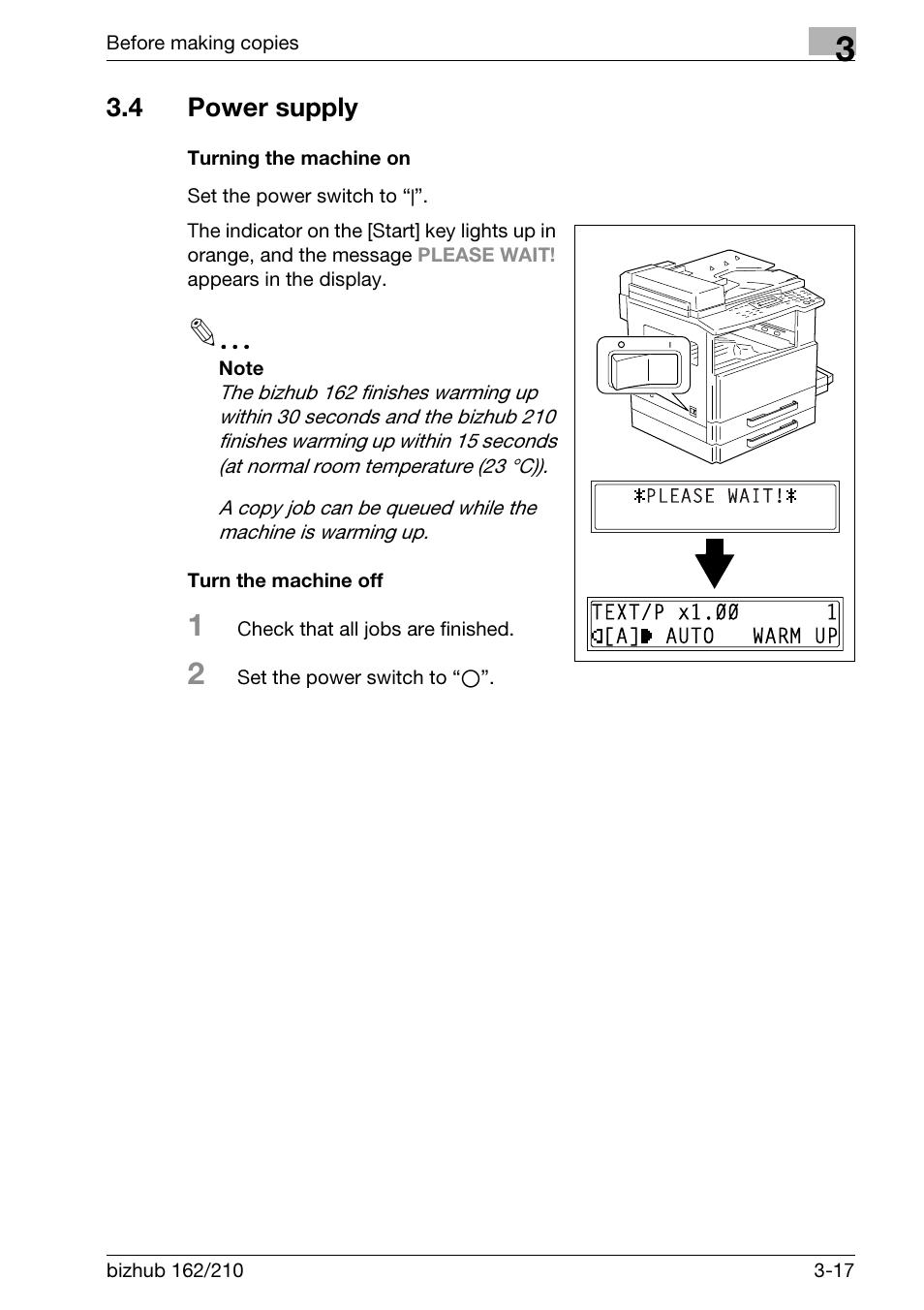 4 power supply, Turning the machine on, Turn the machine off | Power supply -17, P. 3-17 | Konica Minolta BIZHUB 210 User Manual | Page 63 / 256