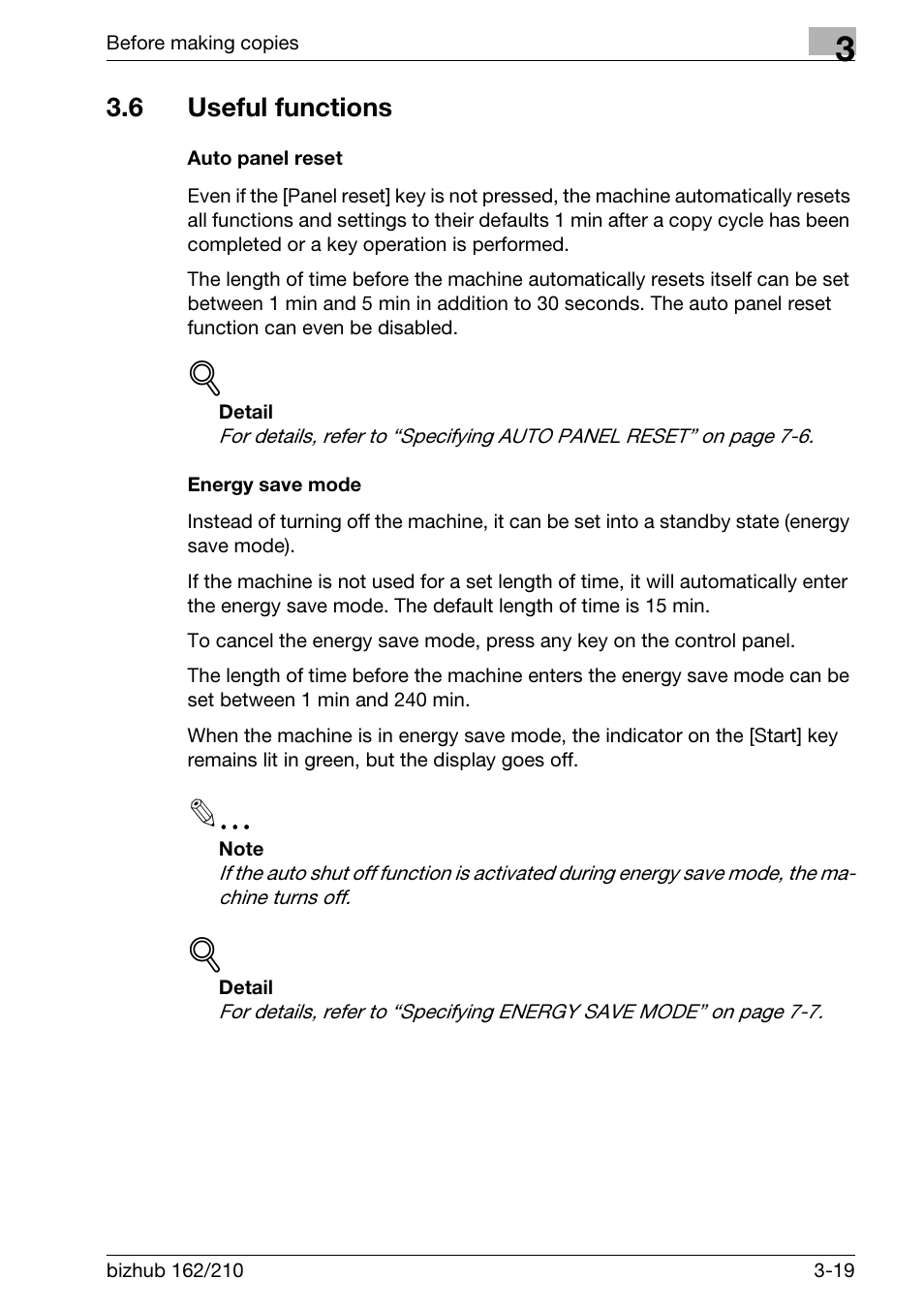 6 useful functions, Auto panel reset, Energy save mode | Useful functions -19, Auto panel reset -19 energy save mode -19, P. 3-19) | Konica Minolta BIZHUB 210 User Manual | Page 65 / 256